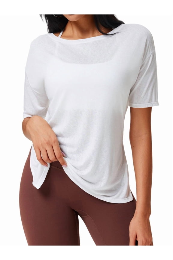 Female'S Sheer Off the Shoulder Pullover Mesh Workout Long Sleeve T Shirt White XXL