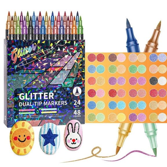 Osfvolr Glitter Effect Brush Markers for Doodle Writing, Dual Tip Dual Color Shimmer Marker 48 Colors