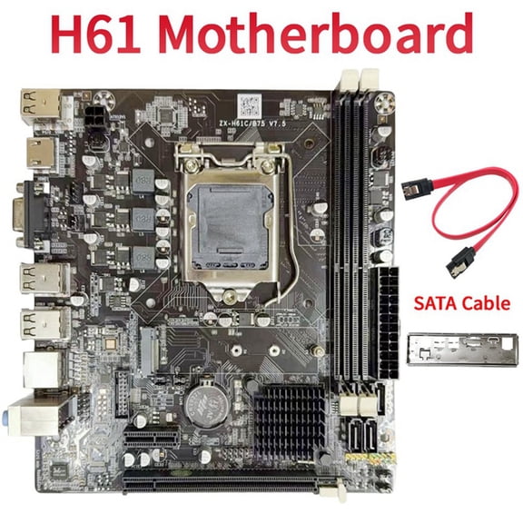 Osfvolr H61 Computer Motherboard+SATA Cable LGA1155 -Compatible 2xDDR3 Slots 6XUSB Supports G1610 1620 1630 G2030 CPU