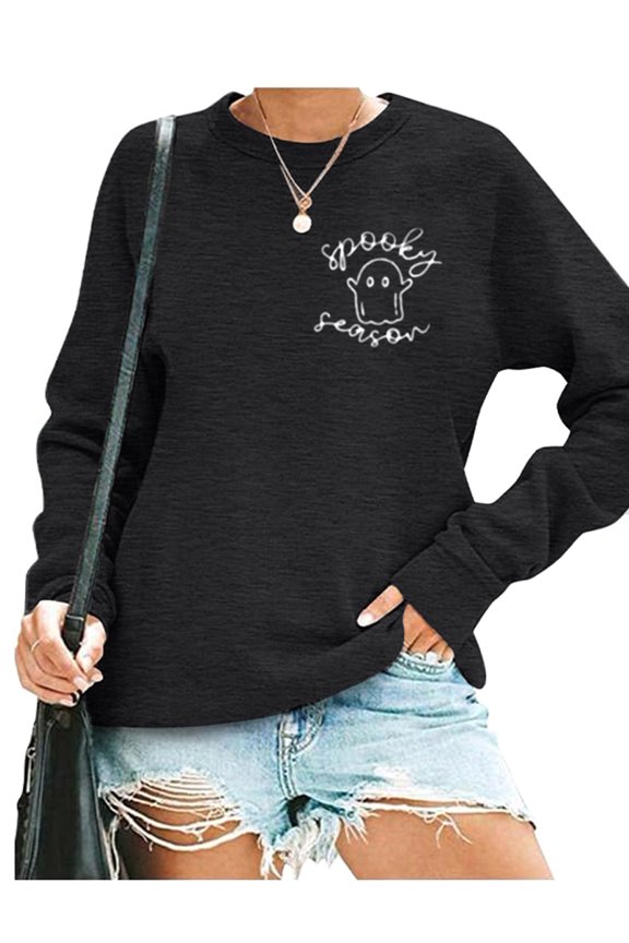 Halloween Sweatshirts Women Cute Spooky Season Embroidered Sweater Ghost Fall Pullover Top