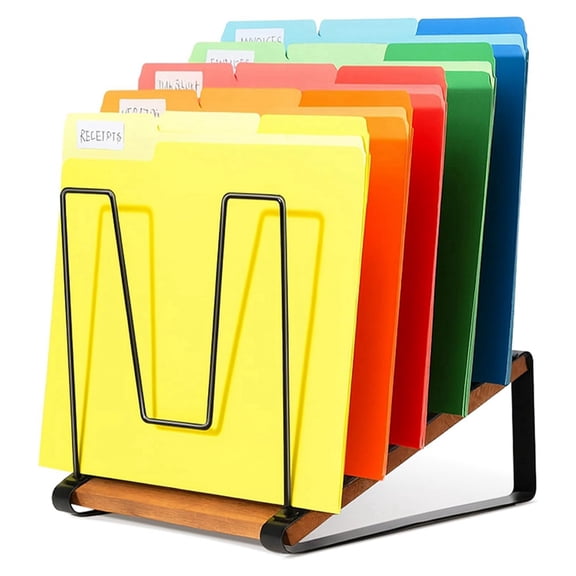 Osfvolr Inclined Desk File Organizer, 5-Section Vertical File Folder Holder Stand, Metal File Sorter Rack with Wooden Base