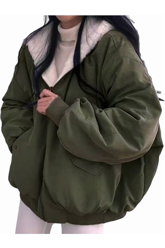 Jacket for Women Reversible Y2k Zip Up Hoodie Fleece Fur Winter Coat Cutecore Korean Clothes  Green XXL
