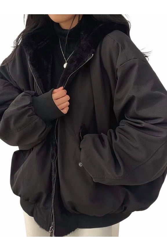 Jacket for Women Reversible Y2k Zip Up Hoodie Fleece Fur Winter Coat Cutecore Korean Clothes