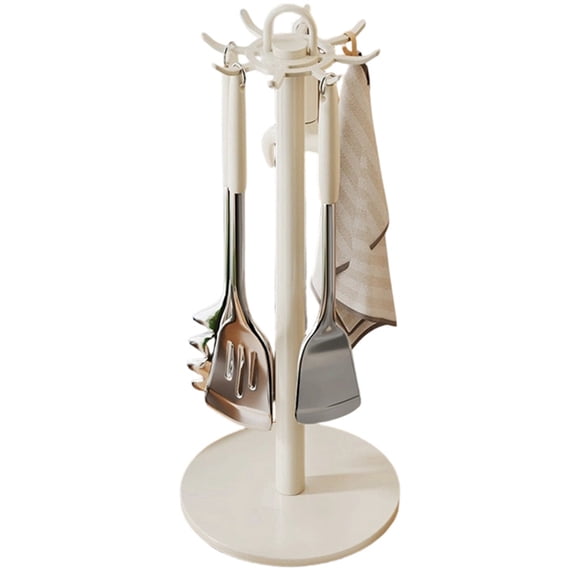 Osfvolr Kitchen Utensil Stand Rotating Storage Hanger with 8 Hooks,for Countertop Organization Rotatable Cooking Utensils White