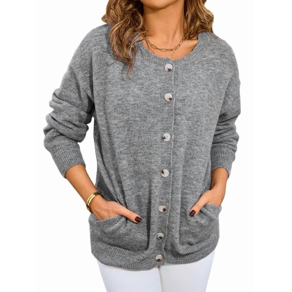 Osfvolr Long Sleeve Crewneck Button Down Womens Sweaters Fall Open Front Cardigan Sweaters for Women 2025 Grey L