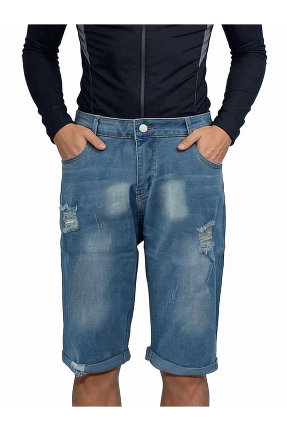 Mens Stretch Denim Shorts Slim Fit, Fashion Ripped Design, Comfortable & Stylish Light Blue XL