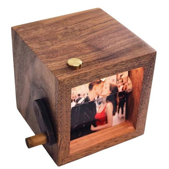 Osfvolr Mini Hand Cranked Photo Flip Frame 16 Photos Rotating Wooden Box Photocards Holder Desk Decoration