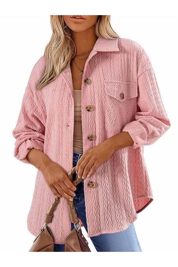 Oversized Cable Knit Shacket Shirts for Womens Button Down Long Sleeve Work Blouses Fall Fashion Tops Pink M