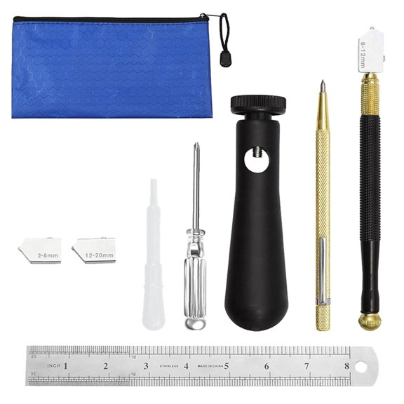Osfvolr Pencil Style Glass Cutter Tool Set with Scribe Assist Handle, Ruler, Screwdriver and Blue Storage Bag
