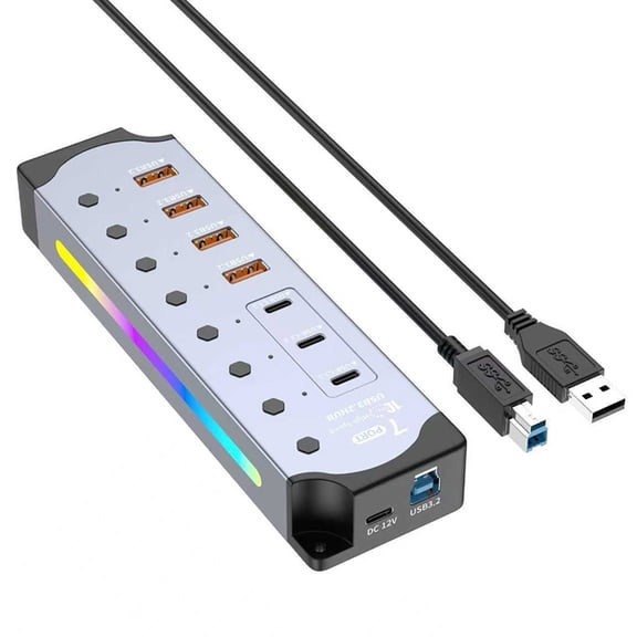 Osfvolr Powered USB Hub 10Gbps, USB 3.2 7-Port USB-C & USB-A Hub with Individual On/Off Switches and 12V Power Adapter US Plug