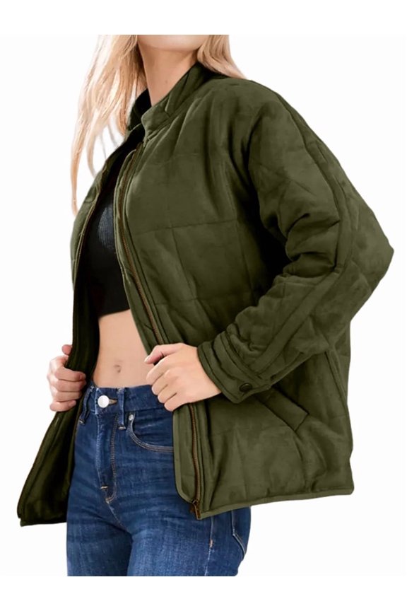 Quilted Jackets for Women Women'S Causal Stand Collar Long Sleeve Oversized Zip Up Winter Coats Green XXL