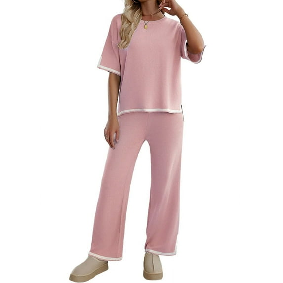 Osfvolr Short-Sleeved Knitted Trousers Suit Pink XS
