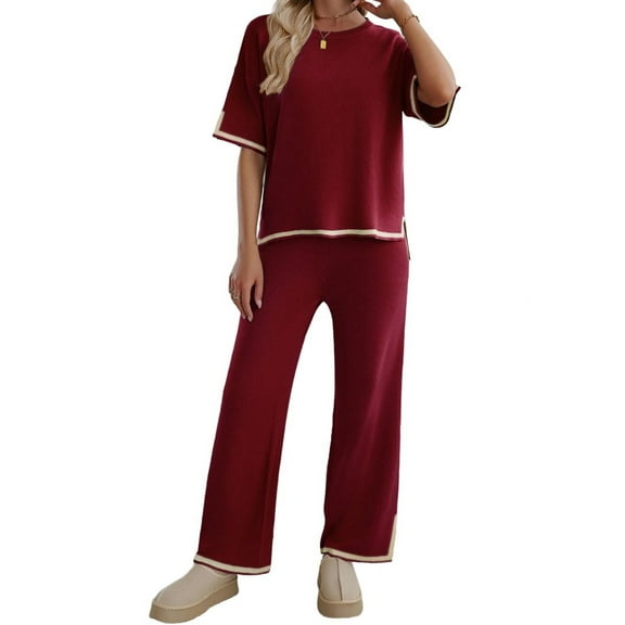Osfvolr Short-Sleeved Knitted Trousers Suit Wine Red S