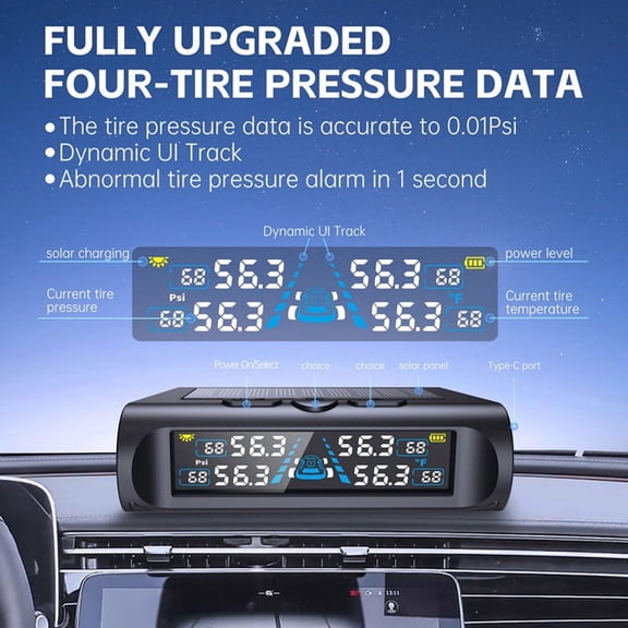 Osfvolr T21 USB/Solar TPMS Temperature Monitor with 4 External Sensors Digital LCD Display 0-6.8Bar Gauge Car Tyre Monitor