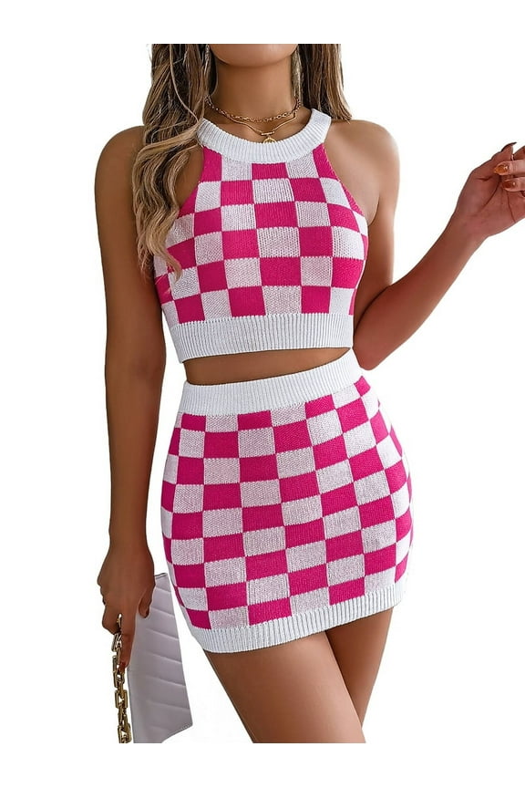 Osfvolr Women 2 Piece Outfits Halter Crop Top and Mini Skirt Summer Crochet Outfits Rose Red M