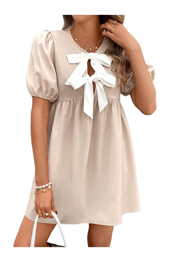 Women Casual Summer Puff Sleeve Mini Dress Tie Front Cut High Waist Peplum Dress XL