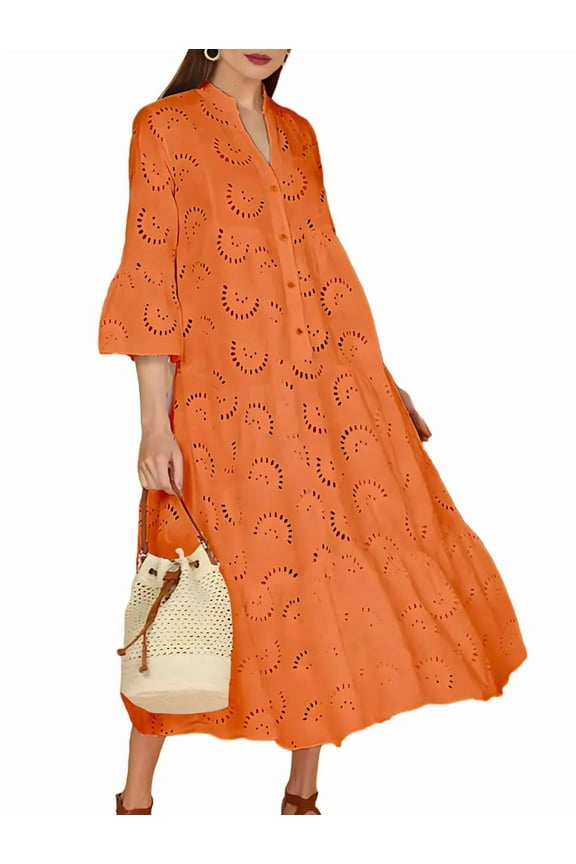 Women'S 2025 Lace Eyelet Embroidery Maxi Dress V-Neck Trumpet Sleeve Boho Flowy Swing Dress Orange Color S