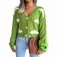 thumbnail image 1 of Osfvolr Women'S Casual Elegant Cloud Print Cropped Button Front Long Sleeve V Neck Knit Cardigan Green M, 1 of 8