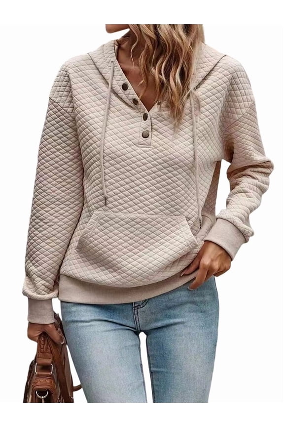 Women'S Casual Long Sleeve Quilted Half Button Drop Shoulder Pullover Loose Drawstring Hooded Sweatshirt  S