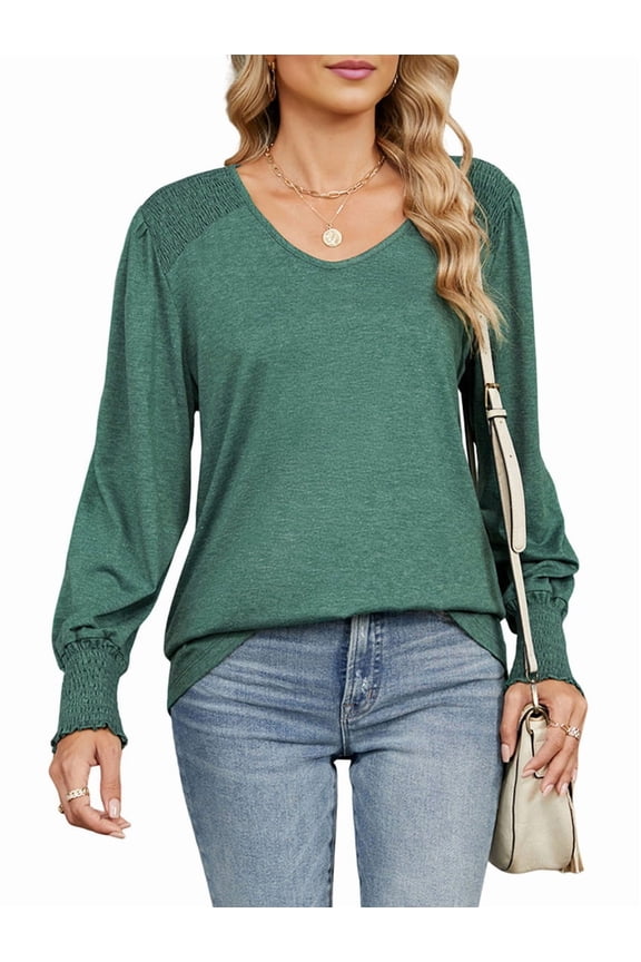 Women'S Casual Loose Long Sleeve Shirts Shirred V-Neck Tops Trendy Blouses Dark Green XXL