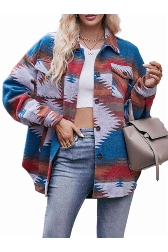 Women'S Cozy Lapel Long Sleeves Jacket Western - Print Coat with Pockets Casual Warm Outwear Blue XL