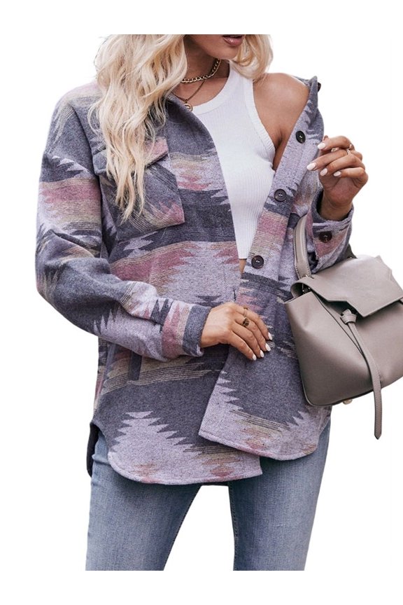 Women'S Cozy Lapel Long Sleeves Jacket Western - Print Coat with Pockets Casual Warm Outwear Pink Grey M