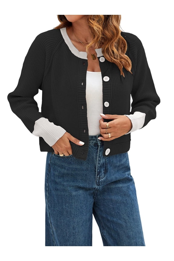 Women'S Cropped Cardigan Sweaters Fall Long Sleeve Open Front Button Down Color Block Knit Outwear Coats Black L