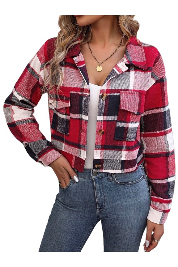 Women'S Cropped Shacket Button Down Corduroy Shacket Jackets Casual Plaid- Long Sleeve Crop Jackets Tops Red S