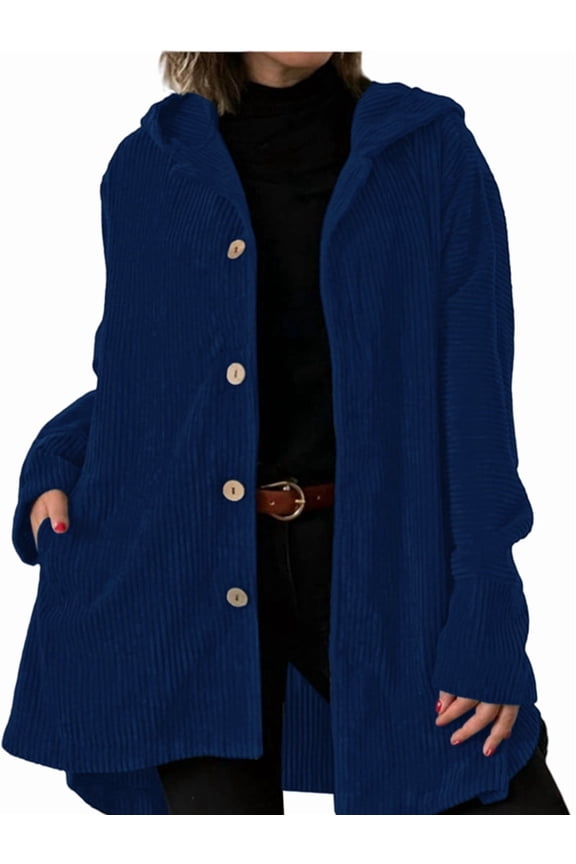 Women'S Fall Jacket with Hood Casual Button Down Hooded Long Sleeves Loose Corduroy Jackets with Pockets Navy Blue XL