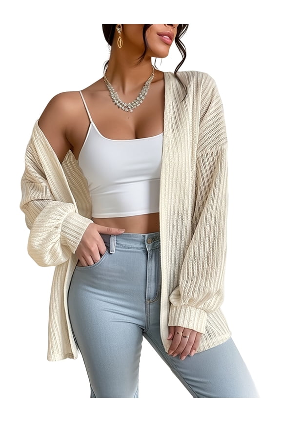 Women'S Lantern Long Sleeve Cardigan Loose Knitted Jacket Cream White M