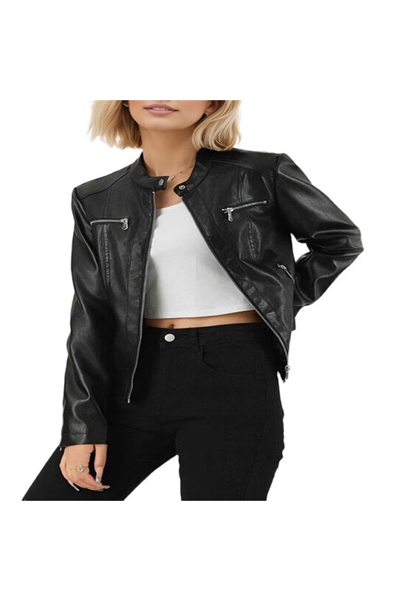 Women'S Leather Jacket with Zipper Biker Slim Fit Jacket