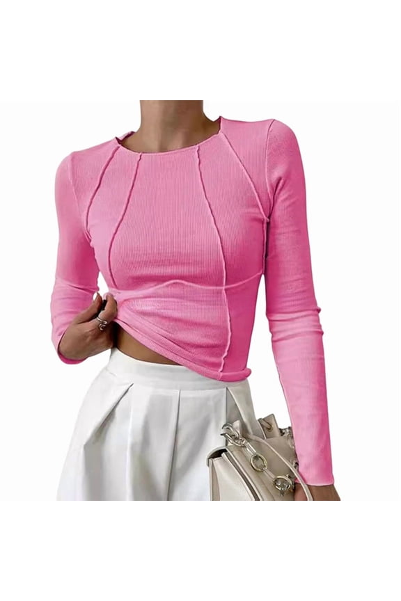Women'S Long Sleeve Shirts Slim Fit Crew Neck Fall Clothes Exposed Seams Ribbed Basic Tops Pink XS
