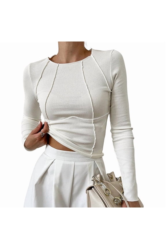 Women'S Long Sleeve Shirts Slim Fit Crew Neck Fall Clothes Exposed Seams Ribbed Basic Tops White XS