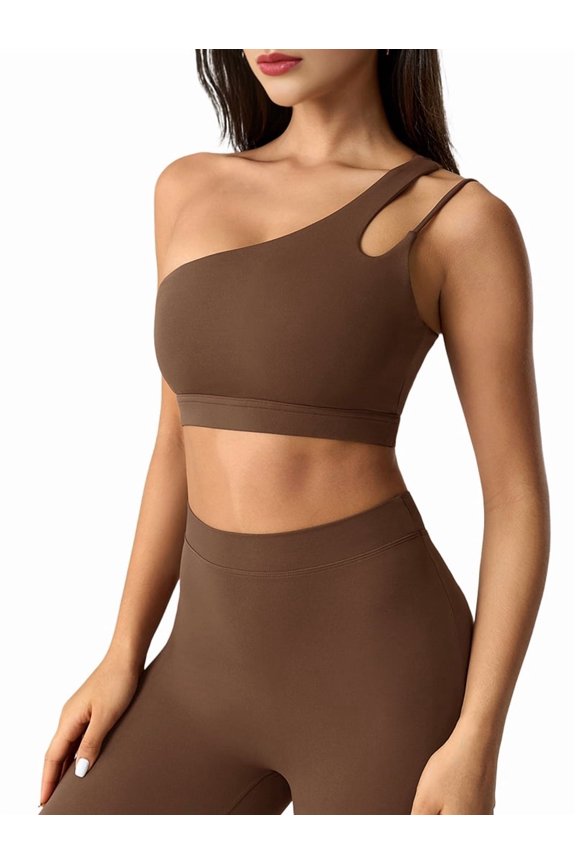 Women'S One-Shoulder Sports Bra - Sleeveless One Strap Low Asymmetrical Workout Yoga Tops Jiaocha Coffee S