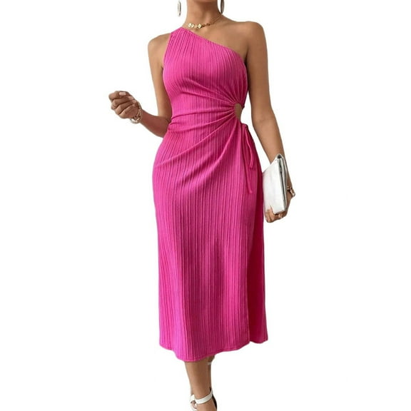 Osfvolr Women'S One Shoulder Sundress Cut Out High Split Sleeveless Midi Summer Dress Rose Red XL