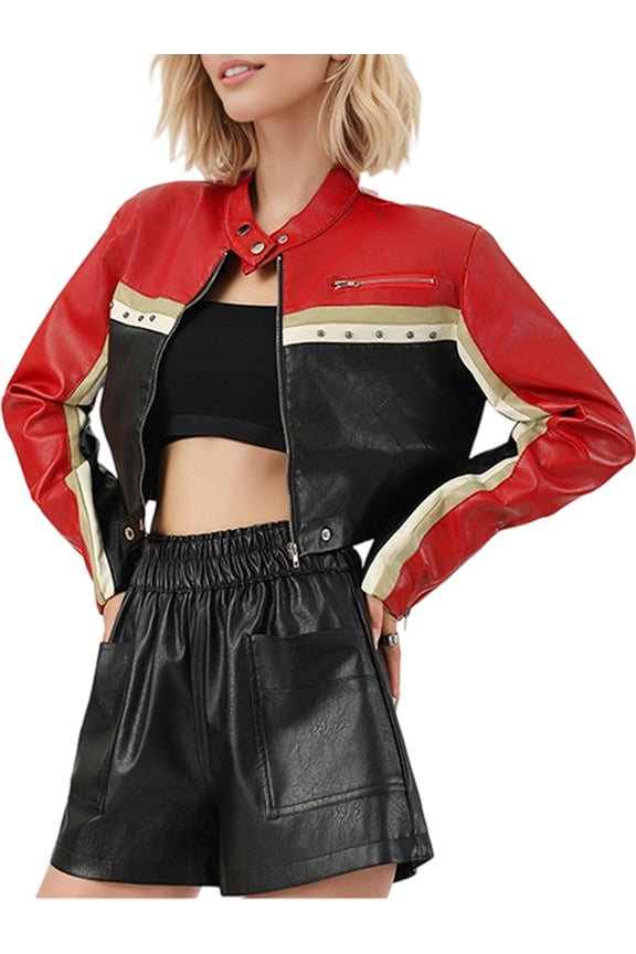 Women'S Rivet Long Sleeve Zipper Cropped Leather Jacket Red M