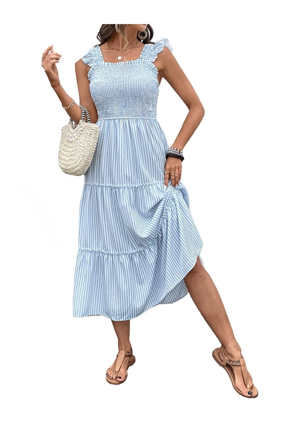 Women'S Summer Boho Striped Beach Dress Flounce Spaghetti Strap Flowy Swing Long Smocked Dress Light Blue M