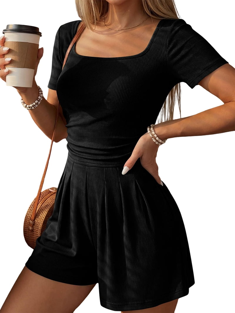 Osfvolr Women'S Summer Rompers Short Sleeve Shirt Knit Shorts One-Piece Jumpsuit Beach Vacation Clothes