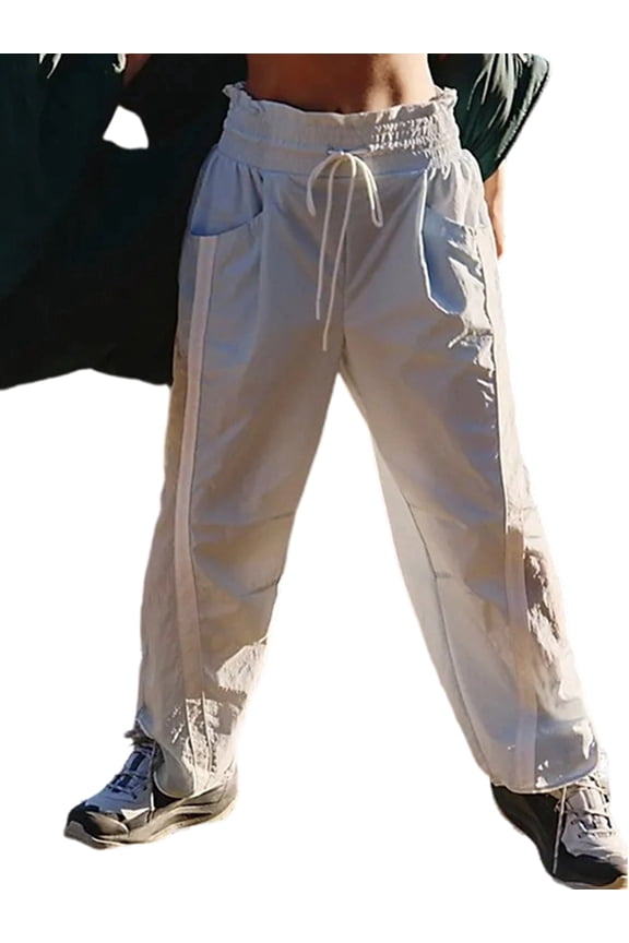 Women'S Wide Leg Pants Casual Drawstring Elastic Waisted Contrast Color Workout Y2K Track Pants Gray S