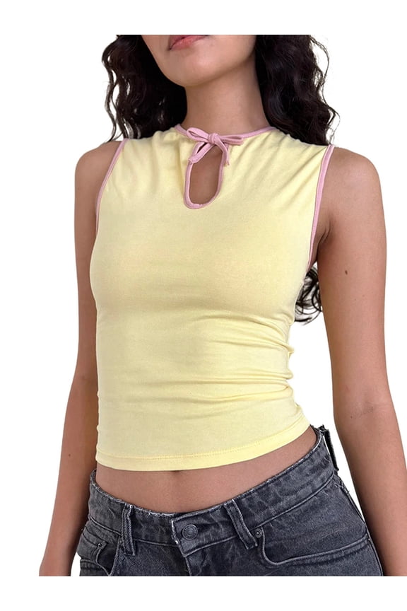 Women Seamless Clean Line Boat Neck Tank Top Yellow M