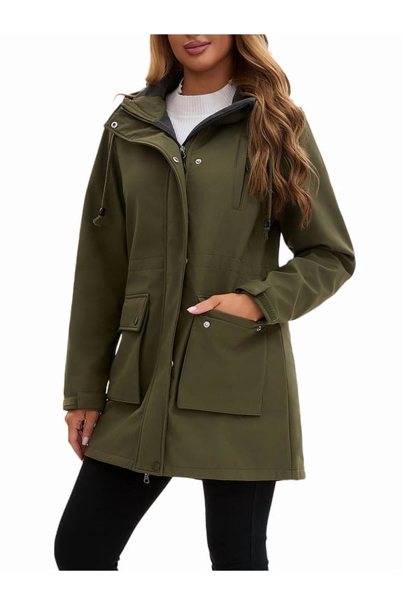 Women Waterproof Softshell Jackets Warm Fleece Lined Coats with Hood Long Rain Jacket Green L