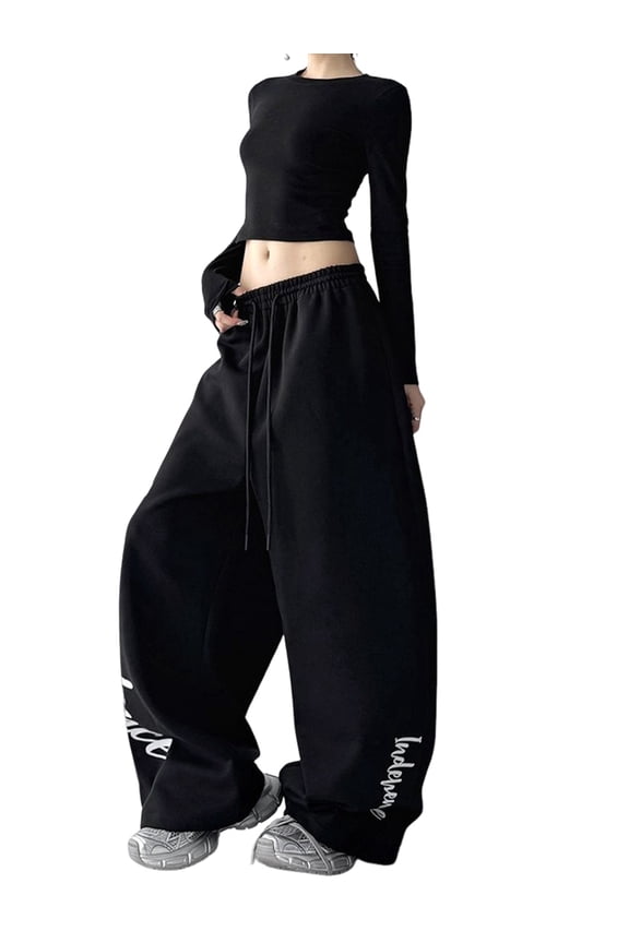 Women Wide Leg Sweatpants Graffiti High Waisted Lounge Pants Athletic Joggers Pants with Pockets Black L