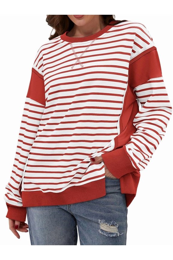 Womens Casual Striped Color Block Long Sleeve Crewneck Sweatshirts Pullover Tops Brick Red XL