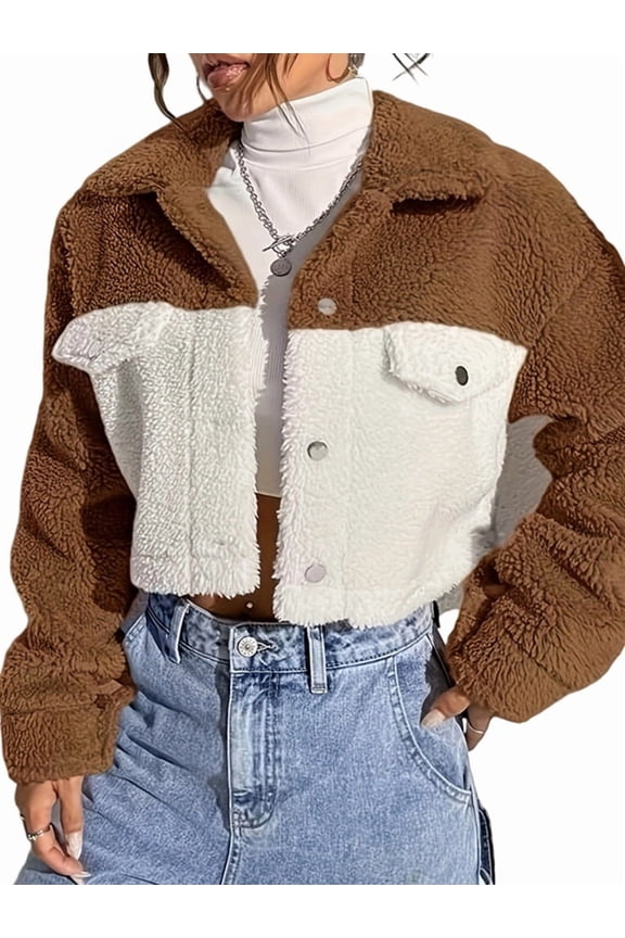 Womens Fuzzy Fleece Jacket Button Down Coats Casual Winter Warm Outwear with Pockets Dark Brown L