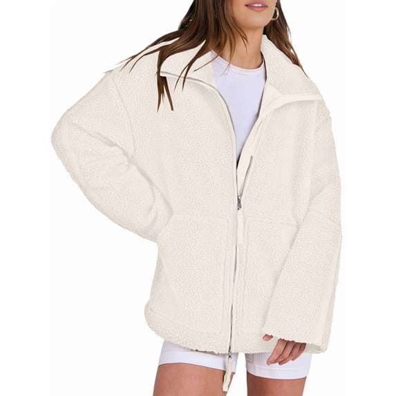 Osfvolr Womens Jacket Oversized Zip Up High Collar Long Sleeves Fuzzy Casual Winter Fall Coats with Pockets Cream White M