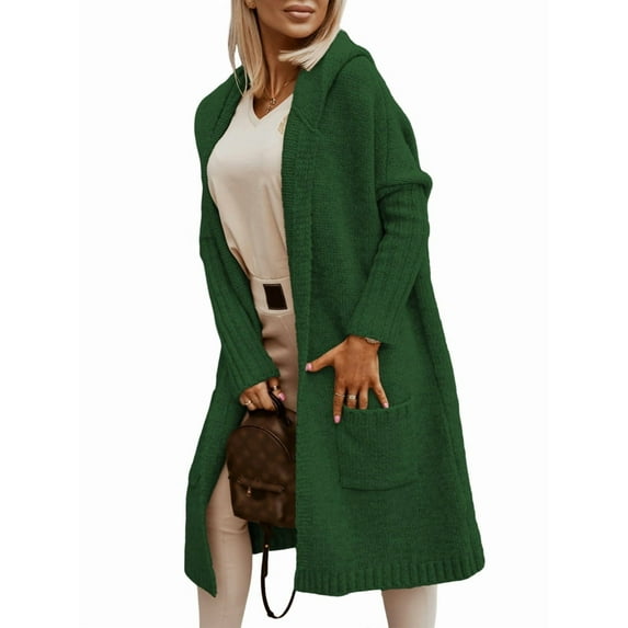Osfvolr Womens Long Cardigan Cable Knitted Open Front Oversized Long Sleeve Hooded Outerwear Sweater Coat Green XL