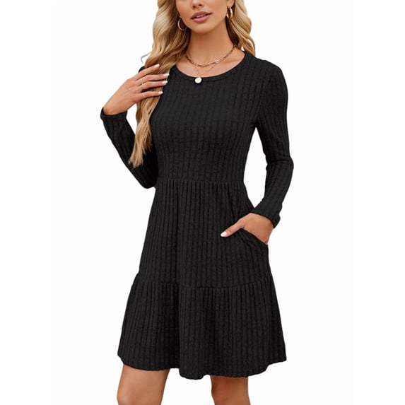 Osfvolr Womens Long Sleeve Fall Short Dress Casual Ribbed Knit Crewneck Flowy A Line Sweater Dresses with Pockets Black S
