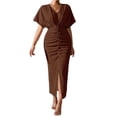 thumbnail image 1 of Womens Metallic Faux Wrap Cocktail Dress Solid Color V-Neck Pleated High Slit Short Sleeve Midi Dress Coffee Color XL, 1 of 7