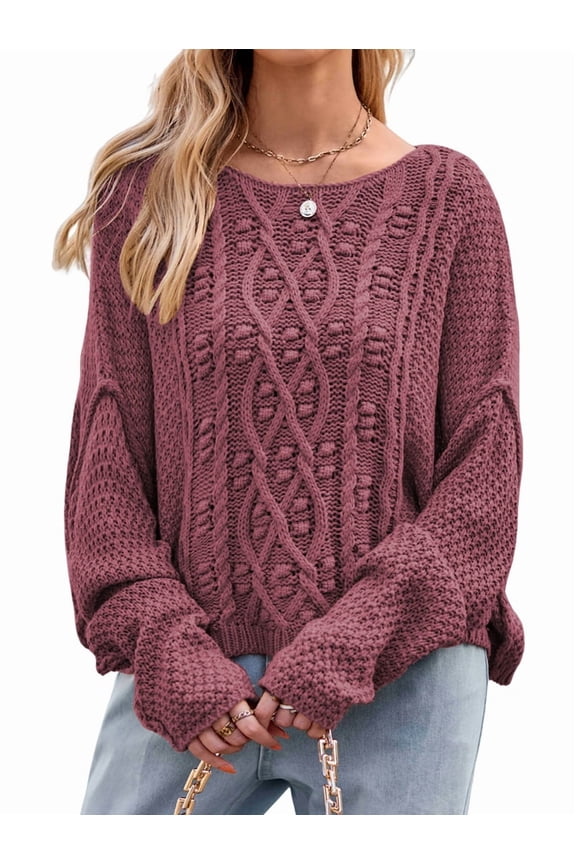 Womens Oversized Cable Knit Crew Neck Long Sleeve Fall Chunky Pullover Casual Loose Fit Sweater Tops Red XL