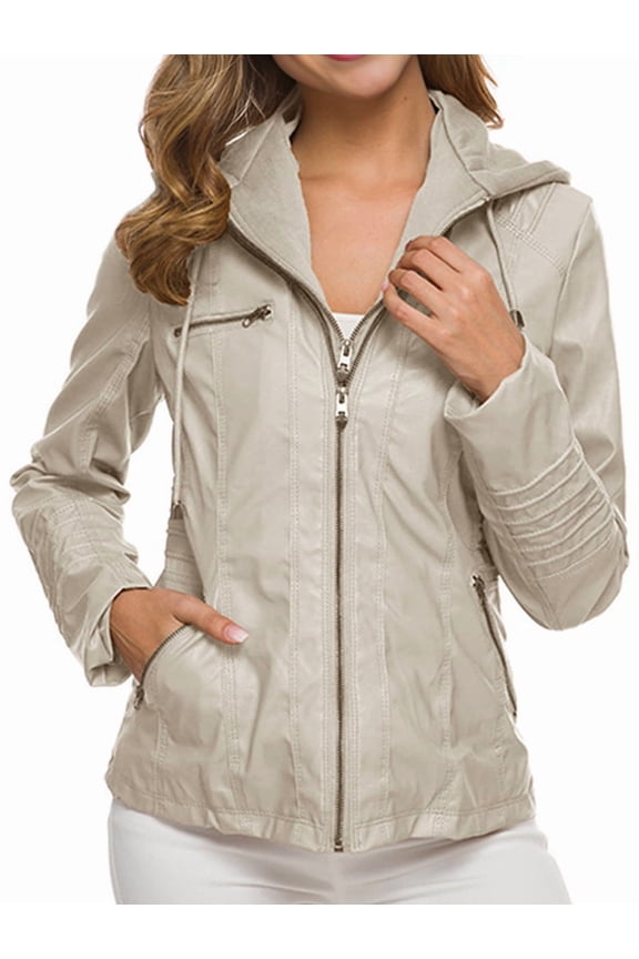 Womens Removable Hooded Long Sleeves Fashion Biker Leather Jackets Quilted Slim PU Coats with Zipper XXL